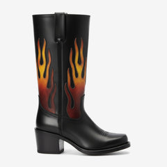 Tuhoomall Comfortable Mid-Calf Boots with Flame Gradient Design for Travel, Parties, and Performances - Chunky Heel, Slip-On, Floral Embroidery