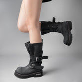 Tuhoomall Casual Ruched Knee High Boots for Women, Thick Heel, Vintage Leather, Adjustable Buckle, Stylish for Travel and Work