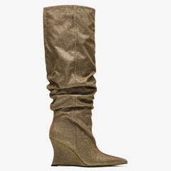 Tuhoomall Knee High Comfortable Wedge Booties With Pointed Toe For Parties, Performances, Fashion Events, Featuring Ruffled Design And Rubber Sole