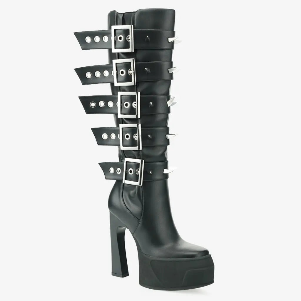 Tuhoomall Knee High Gladiator Style Thick Sole Party Boots with Adjustable Buckle and Studded Zipper for Fashionable Casual Events Tuhoomall