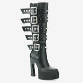 Tuhoomall Knee High Gladiator Style Thick Sole Party Boots with Adjustable Buckle and Studded Zipper for Fashionable Casual Events