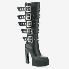 Tuhoomall Knee High Gladiator Style Thick Sole Party Boots with Adjustable Buckle and Studded Zipper for Fashionable Casual Events