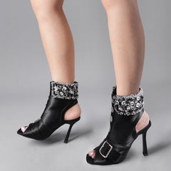 Tuhoomall Comfortable High Heel Sandals with Open Toe and Pearl Embellishments for Wedding, Party, and Performance Summer Style