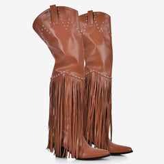 Tuhoomall Over-The-Knee High Heel Boots With Fringes And Studs For Party And Fashion Events