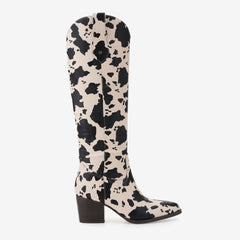 Tuhoomall Western Knee High Cowboy Boots, Animal Print, Stylish Mid Block Heel, Perfect for Parties and Casual Outings