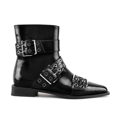 Tuhoomall Ankle Boots For Women, Casual Short Boots, Pointed Toe Chunky Heel, Zipper Closure With Hardware Buckle, PU Patent Leather, Rubber Sole, Ideal For Spring, Autumn, Winter Tuhoomall