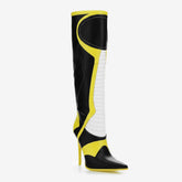 Tuhoomall Knee High Boots, Comfortable Stiletto Heels, Slip-Resistant Design, Stylish Striped Patchwork for Parties and Performances