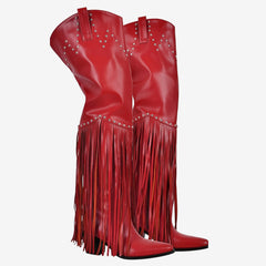 Tuhoomall Over-The-Knee High Heel Boots With Fringes And Studs For Party And Fashion Events
