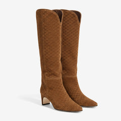 Tuhoomall Knee High Fashion Boots for Women, Stylish Woven Pattern, Comfortable Mid Heels, Pointed Toe Design for Work and Parties