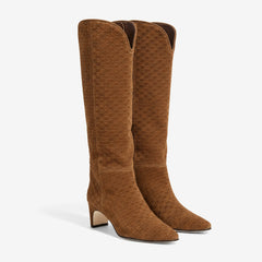 Tuhoomall Knee High Fashion Boots for Women, Stylish Woven Pattern, Comfortable Mid Heels, Pointed Toe Design for Work and Parties Tuhoomall