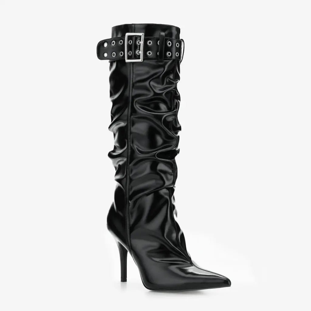 Tuhoomall Heels Boots for Women, Comfortable Folds, Outdoor Fashion, 9.5cm Heels, Slip-On Style, Metal Buckles, Versatile Casual Wear Tuhoomall