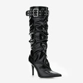 Tuhoomall Heels Boots for Women, Comfortable Folds, Outdoor Fashion, 9.5cm Heels, Slip-On Style, Metal Buckles, Versatile Casual Wear