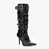 Tuhoomall Heels Boots for Women, Comfortable Folds, Outdoor Fashion, 9.5cm Heels, Slip-On Style, Metal Buckles, Versatile Casual Wear Tuhoomall