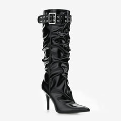 Tuhoomall Heels Boots for Women, Comfortable Folds, Outdoor Fashion, 9.5cm Heels, Slip-On Style, Metal Buckles, Versatile Casual Wear