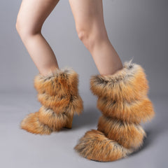 Tuhoomall Western Style Rhinestone Mid-Calf Party Boots, Slip-On Faux Fur Wedge with Animal Print, All-Season Fashion for Performances