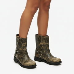 Tuhoomall Western Cowboy Ankle Boots for Women, Vintage Chunky Heel Booties, Easy Slip-On Design, All-Weather Comfort with Metal Buckle Detail