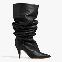 Tuhoomall Khaki Ruched Pointed-Toe Knee-High Boots for Women, Casual Slip-On Style with Sturdy Chunky Heel Tuhoomall