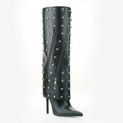 Tuhoomall Knee High Party Boots for Women, Two Piece Design with Studs and Zipper, Stylish High Heel 11.5cm, Perfect for Performances and Special Occasions Tuhoomall