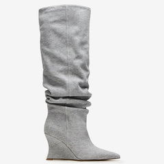 Tuhoomall Knee High Comfortable Wedge Booties With Pointed Toe For Parties, Performances, Fashion Events, Featuring Ruffled Design And Rubber Sole