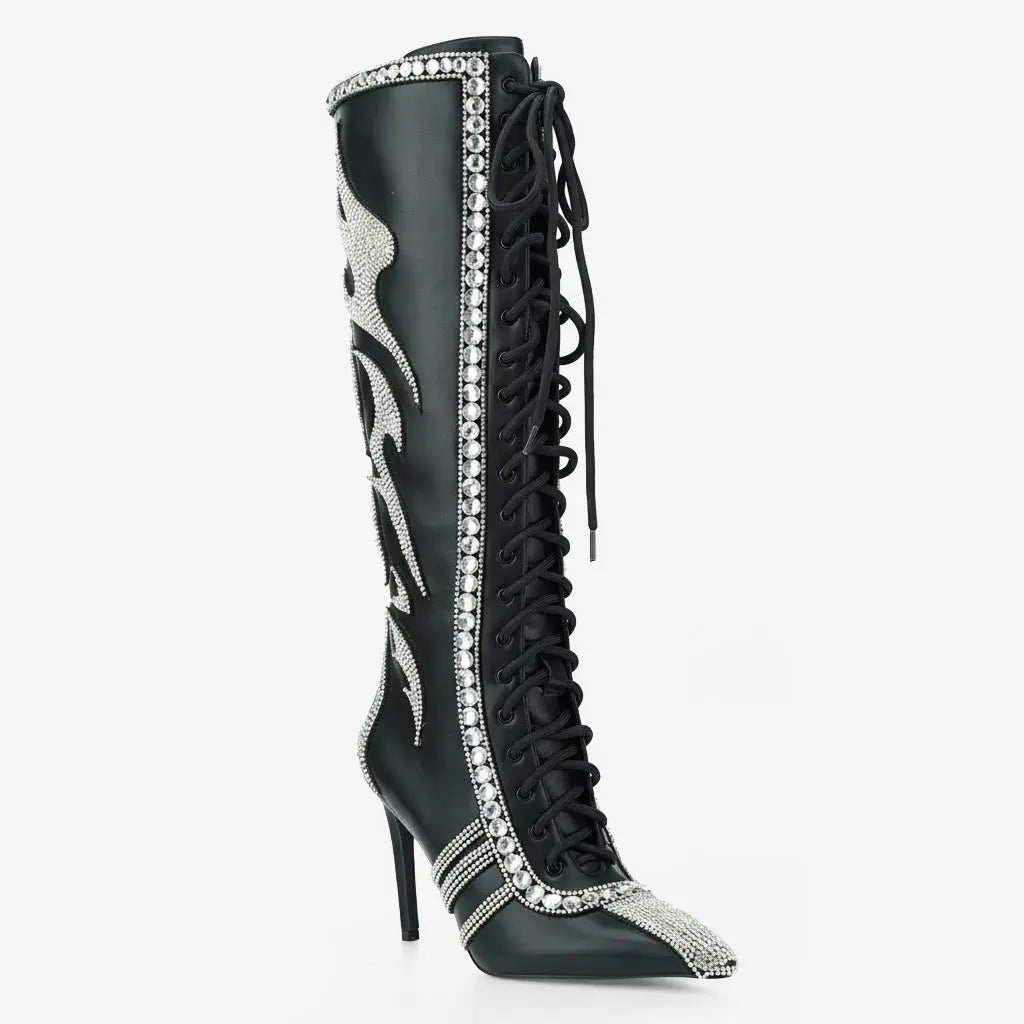 Tuhoomall Knee High Sparkling Rhinestone Heeled Boots for Parties, Performances, and Outdoor Fashion Fun Tuhoomall