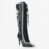 Tuhoomall Knee High Sparkling Rhinestone Heeled Boots for Parties, Performances, and Outdoor Fashion Fun
