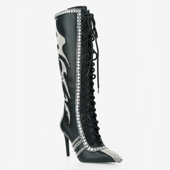 Tuhoomall Knee High Sparkling Rhinestone Heeled Boots for Parties, Performances, and Outdoor Fashion Fun