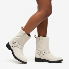 Tuhoomall Western Cowboy Ankle Boots for Women, Vintage Chunky Heel Booties, Easy Slip-On Design, All-Weather Comfort with Metal Buckle Detail