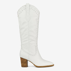 Tuhoomall Western Knee-High Boots for Women, 7cm Chunky Heels, Slip-On Style, Durable Woven Leather, Perfect for Work and Casual Occasions