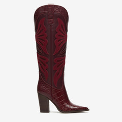Tuhoomall Fashion Casual Knee-High Boots with Embroidery, Lizard Pattern Chunky Heel for Travel, Work, Party and Evening Wear