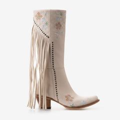Tuhoomall Western Cowboy Boots for Women, Floral Embroidered Mid-Calf Chunky Heel, Trendy Fringe Detail, Perfect for Casual Outings and Performances