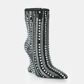 Tuhoomall High Heel Ankle Boots for Women - Striped Rhinestone Faux Suede Party Footwear with Zipper Closure and Unique Irregular Heels Tuhoomall