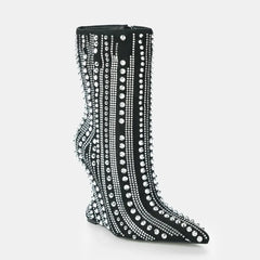 Tuhoomall High Heel Ankle Boots for Women - Striped Rhinestone Faux Suede Party Footwear with Zipper Closure and Unique Irregular Heels Tuhoomall
