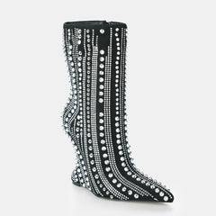 Tuhoomall High Heel Ankle Boots for Women - Striped Rhinestone Faux Suede Party Footwear with Zipper Closure and Unique Irregular Heels