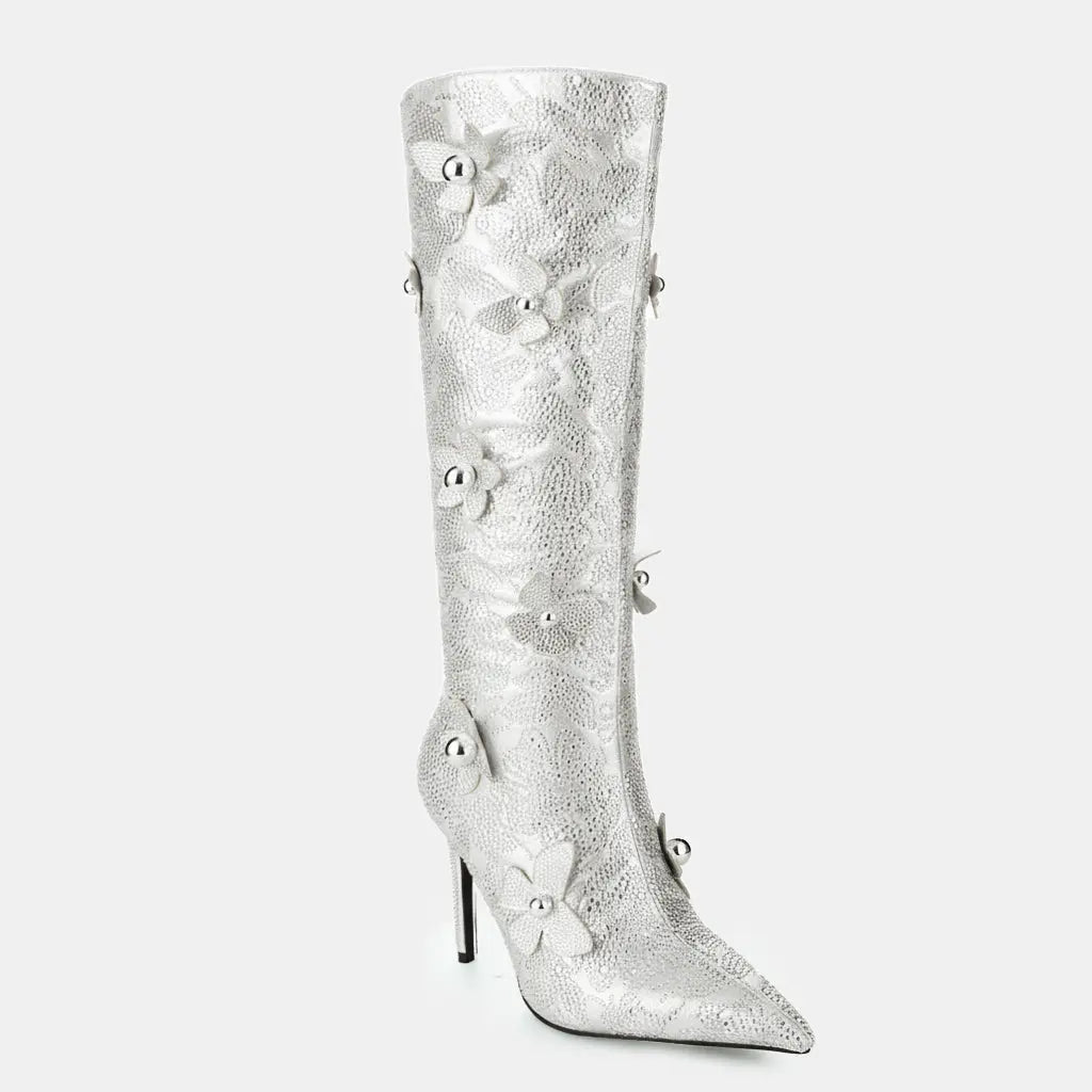 Tuhoomall Comfortable Rhinestone Embellished Knee High Boots for Parties, Performances, and Special Occasions with 9.5cm Stiletto Heel Tuhoomall