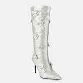 Tuhoomall Comfortable Rhinestone Embellished Knee High Boots for Parties, Performances, and Special Occasions with 9.5cm Stiletto Heel