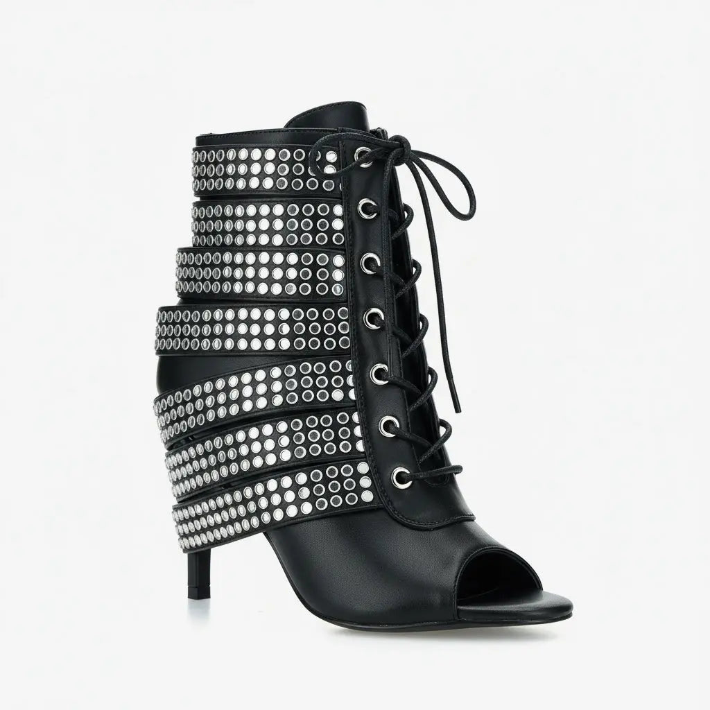 Tuhoomall Western Style Sparkling Ankle Boots with Peep Toe for Parties and Performances, High Heels, Studded Design, All-Season Fashion Tuhoomall