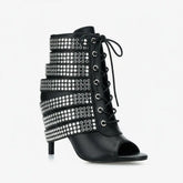 Tuhoomall Western Style Sparkling Ankle Boots with Peep Toe for Parties and Performances, High Heels, Studded Design, All-Season Fashion Tuhoomall