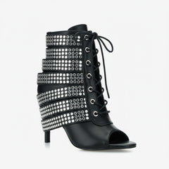 Tuhoomall Western Style Sparkling Ankle Boots with Peep Toe for Parties and Performances, High Heels, Studded Design, All-Season Fashion