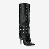 Tuhoomall Foldable Knee High Boots with Studs and Polka Dot Design for Outdoor Fashion Casual Style