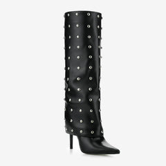 Tuhoomall Foldable Knee High Boots with Studs and Polka Dot Design for Outdoor Fashion Casual Style
