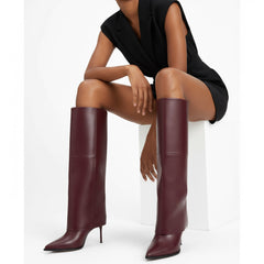 Tuhoomall Knee-High Stiletto Boots for Parties - Classic Style, Pure Color, Comfortable Fit, 10cm Heel, Perfect for Fashionable Evening Wear