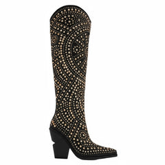 Tuhoomall Western Style Mid Calf Cowboy Boots with Chunky Heel, Pointed Toe, Zipper Closure, Studded Design, Vegan Leather, Ideal for Spring, Fall & Winter