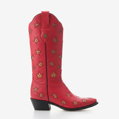 Tuhoomall Western Mid Calf Boots for Women - Embroidered Slip-On Design with Chunky Heel and Studded Details