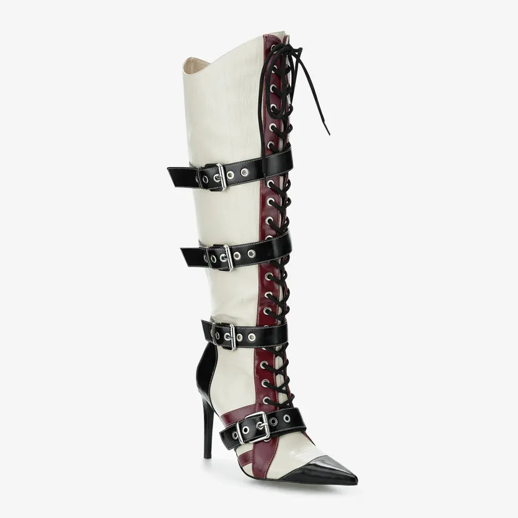 Tuhoomall Knee-High Boots for Women, Comfortable Floral Design with High Heel, Adjustable Buckle Closure, Perfect for Casual Style Tuhoomall