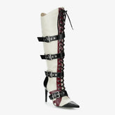 Tuhoomall Knee-High Boots for Women, Comfortable Floral Design with High Heel, Adjustable Buckle Closure, Perfect for Casual Style Tuhoomall