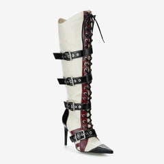 Tuhoomall Knee-High Boots for Women, Comfortable Floral Design with High Heel, Adjustable Buckle Closure, Perfect for Casual Style