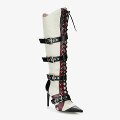 Tuhoomall Knee-High Boots for Women, Comfortable Floral Design with High Heel, Adjustable Buckle Closure, Perfect for Casual Style Tuhoomall