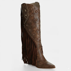 Tuhoomall Western Cowboy Knee-High Boot for Women, Comfortable Chunky Heel with Fringe, Star and Studded Design - Perfect for Fashion and Outdoor Events