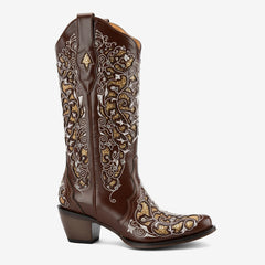 Tuhoomall Cowboy Boots for Women Western Square Toe Mid Calf White Cowgirl Boots Rhinestone Chunky Wedding