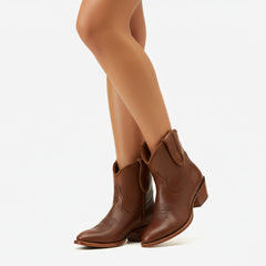 Tuhoomall Comfortable Western Style Ankle Boots for Women, Casual Workwear, Round Toe, Chunky Heel, Seasonless, Woven Colorblock Design